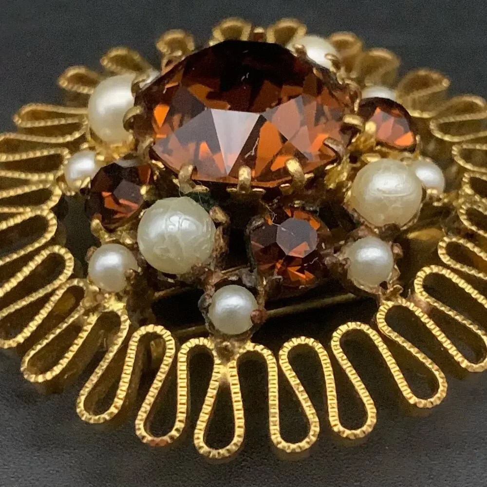 Vintage Austrian Crystal Brooch Pin Made In Austria Smokey Amber Brown Crystal